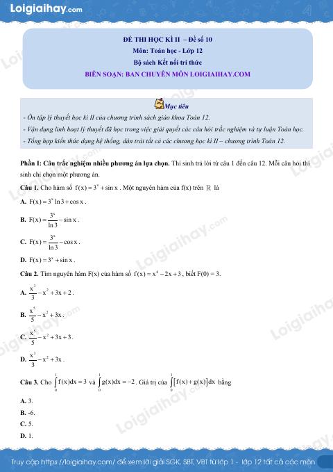 Đề thi học kì 2 Toán 12 - Đề số 10